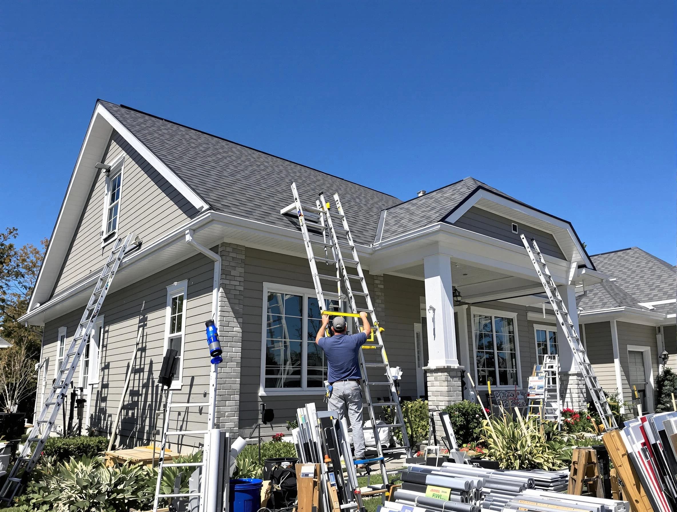 Eastlake Roofing Company fitting rain gutters at a home in Eastlake, OH